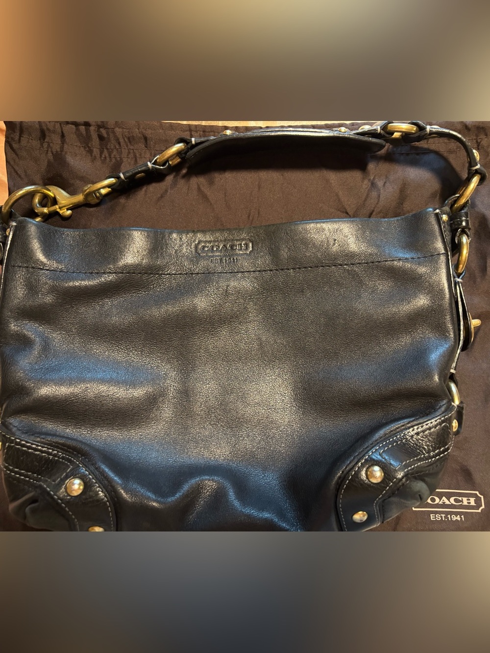 Coach Black Leather Shoulder Bag with Brass Chain Accents